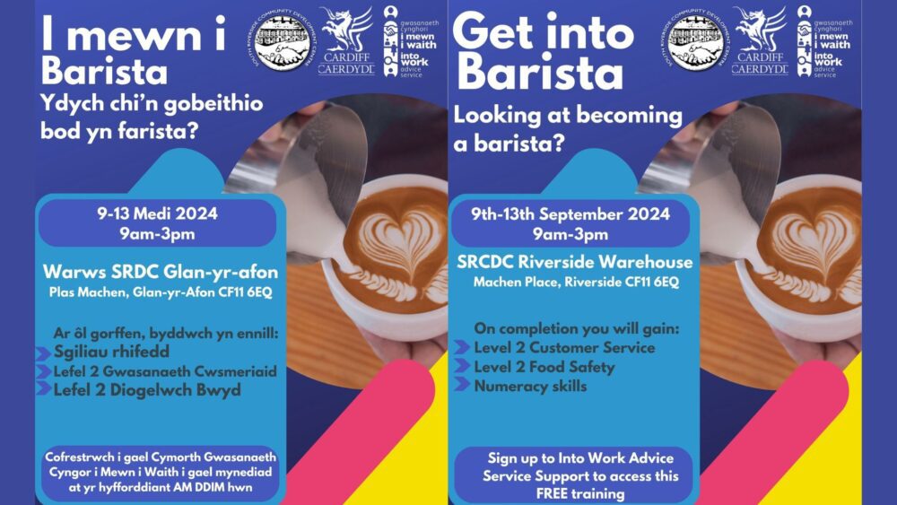 Get Into Barista promotional poster in both English and Welsh Ewch i mewn i boster hyrwyddo Barista yn Gymraeg a Saesneg