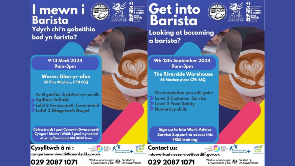 Get Into Barista promotional poster in both English and Welsh Ewch i mewn i boster hyrwyddo Barista yn Gymraeg a Saesneg