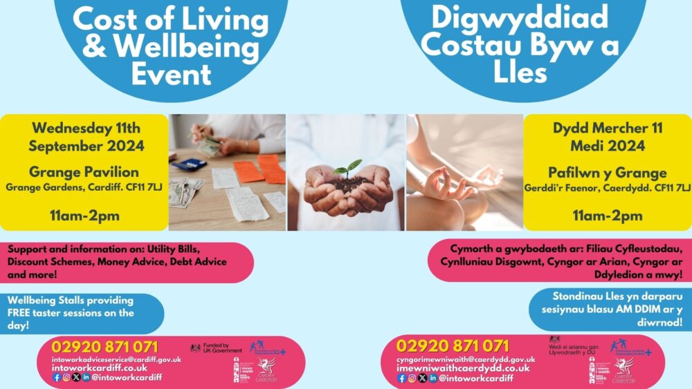 Cost of Living and Wellbeing promotional banner Baner hyrwyddo Cost Byw a Lles