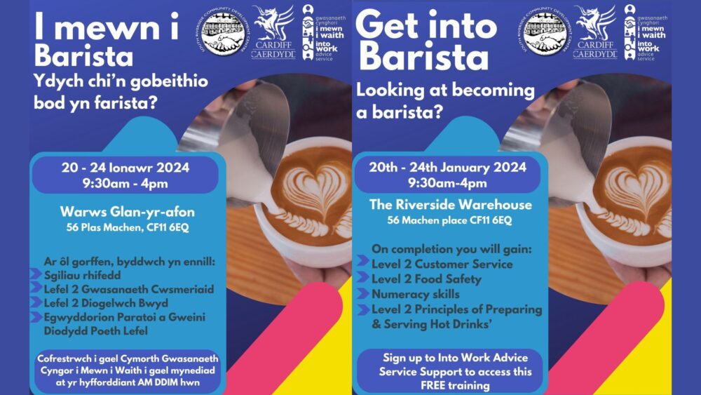 Get Into Barista promotional poster in both English and Welsh Ewch i mewn i boster hyrwyddo Barista yn Gymraeg a Saesneg