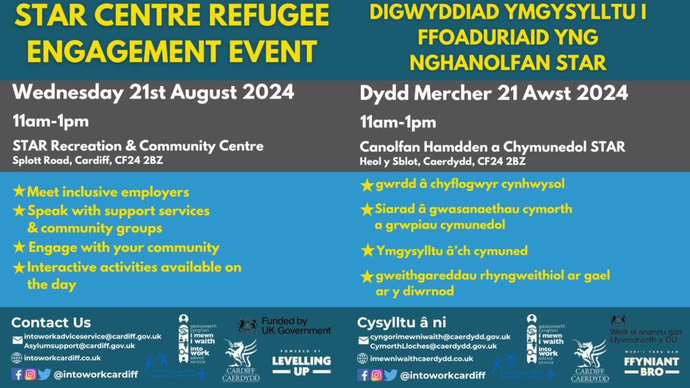 STAR Centre refugee event promotional banner Baner hyrwyddo digwyddiad ffoaduriaid Canolfan STAR