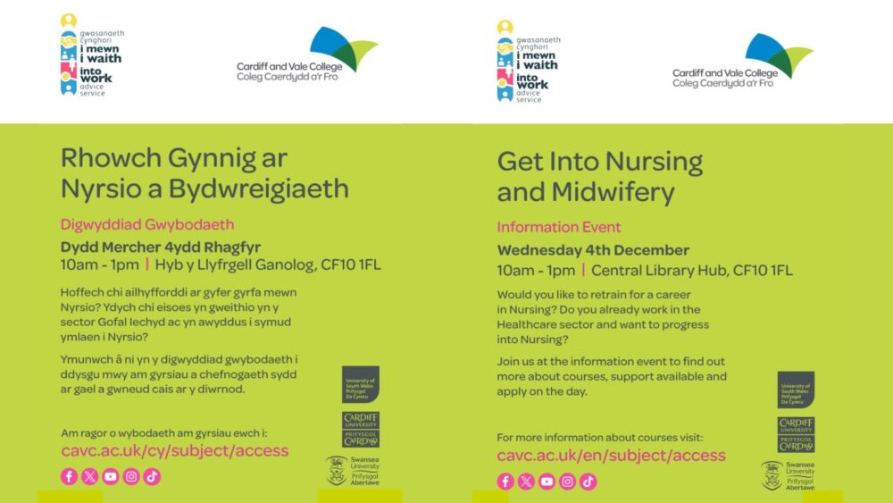 Get Into Nursing and Midwifery information poster Ewch i mewn i boster gwybodaeth Nyrsio a Bydwreigiaeth